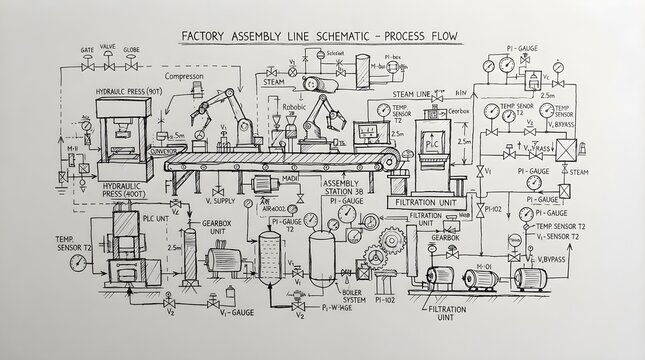 Factory assembly line process plan with industrial machinery drawings, conveyor workflow, robotic tools, control panels, gears, production stations, technical symbols, and detailed mechanical automati