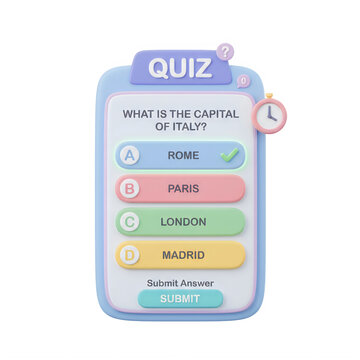 Colorful quiz game app interface with multiple choice options isolated on transparent background