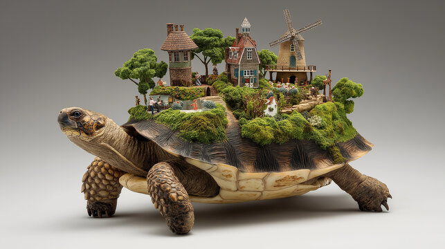 A turtle with a miniature green world on its shell - tiny houses, trees, windmills, and people living in harmony