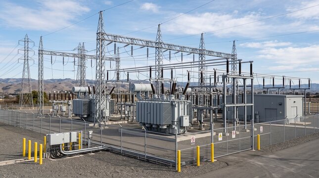Electrical power substation with high voltage transformers and pylons.
