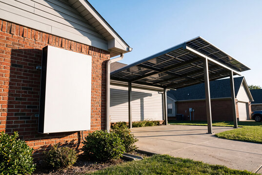 A modern home battery storage system mounted on a brick wall next to a solar panel carport in a suburban driveway.