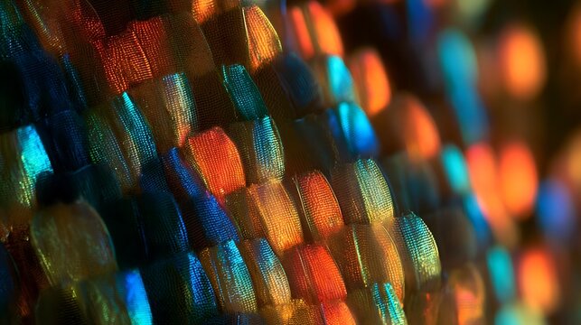Extreme Macro Photography of Colorful Morpho Butterfly Wing Scales.