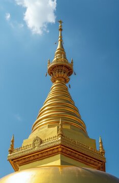 Golden stupa spire reaches toward clear blue sky at Buddhist temple in India. Close up architectural detail shows ornate metallic structure of religious pagoda. Spiritual monument peace faith,