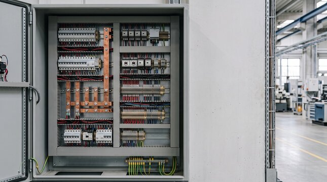 Industrial electrical control cabinet in a modern manufacturing facility.