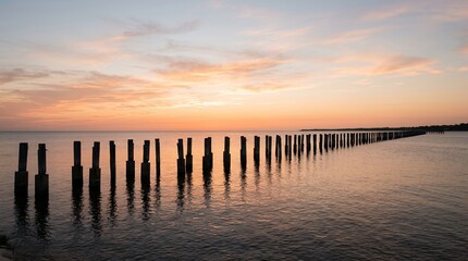 Obraz premium Wooden posts in the sea at sunset with colorful sky.