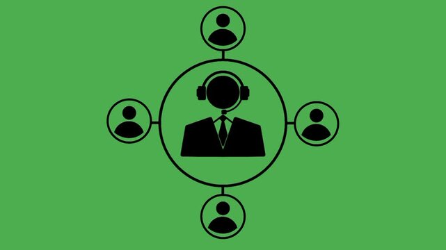 Telemarketing icon featuring a person silhouette wearing a headset and connected to a customer symbol within a circular interface.
