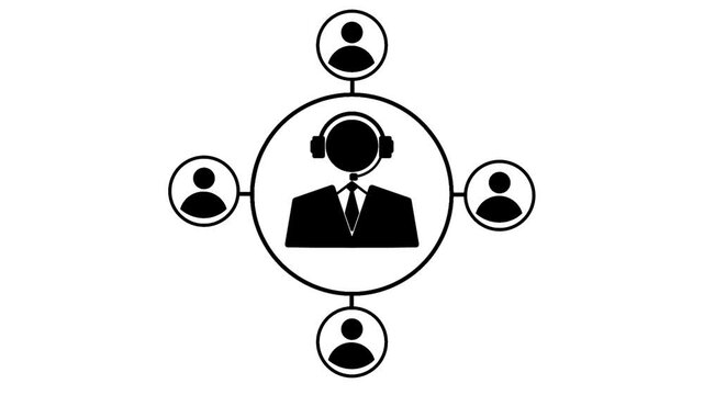 Telemarketing icon featuring a person silhouette wearing a headset and connected to a customer symbol within a circular interface.