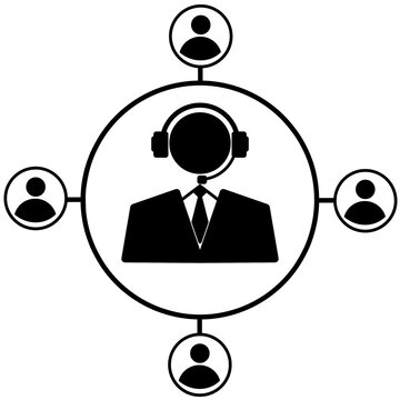 Telemarketing icon featuring a person silhouette wearing a headset and connected to a customer symbol within a circular interface.