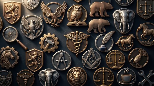 Collection of antique emblems and badges featuring animals, symbols, and tools, creating a vintage collage aesthetic.