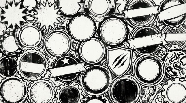Vintage Blank Badges and Ribbons Collection - Hand-Drawn Style Retro Emblems for Design Projects
