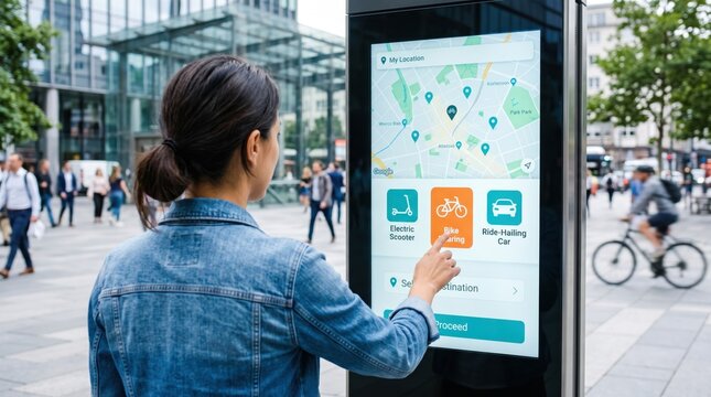 Woman in denim jacket using outdoor touch screen kiosk to select bike sharing transport option on mobility app interface in busy urban city street with pedestrians and cyclists in.