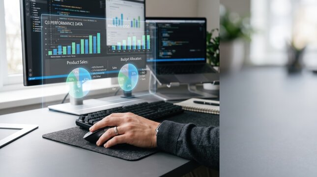 Modern computer desk setup featuring holographic interface displaying Q3 performance data, market analysis charts, and budget allocation graphs for business analytics.