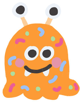An adorable hand-drawn orange blob monster illustration featuring four eyes, rosy cheeks, tiny fangs, and colorful sprinkle shapes. Perfect for  baby apparel, whimsical packaging, children's wall art.