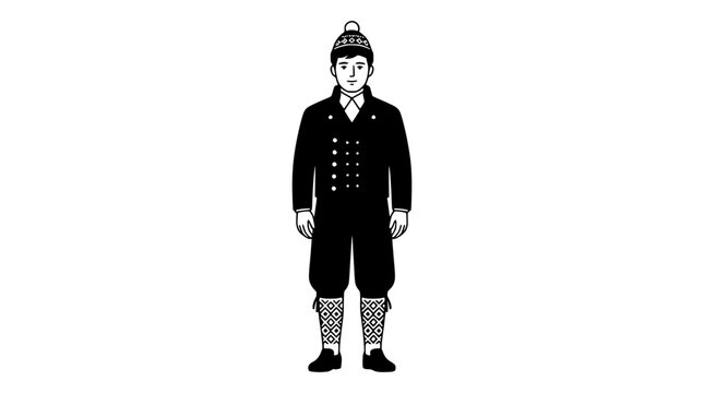 Man in Traditional Norwegian Bunad Costume and Hat, Full Body Illustration