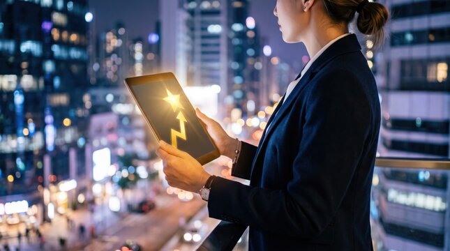 Businesswoman holding tablet with stock market graph at night, city skyline, financial growth and investment, digital trading analysis, urban professional working late