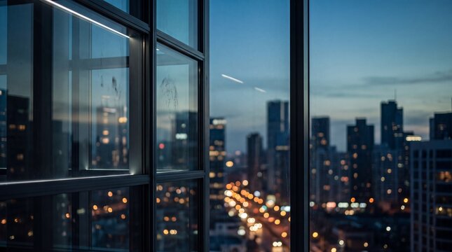 Twilight city view through window reveals distant bokeh lights and architecture
