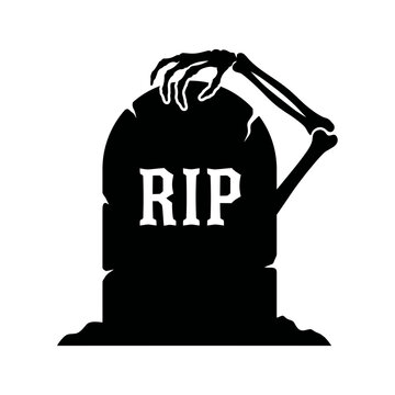 Spooky Halloween tombstone with skeleton hand, RIP gravestone vector illustration, creepy cemetery headstone icon isolated on White Background