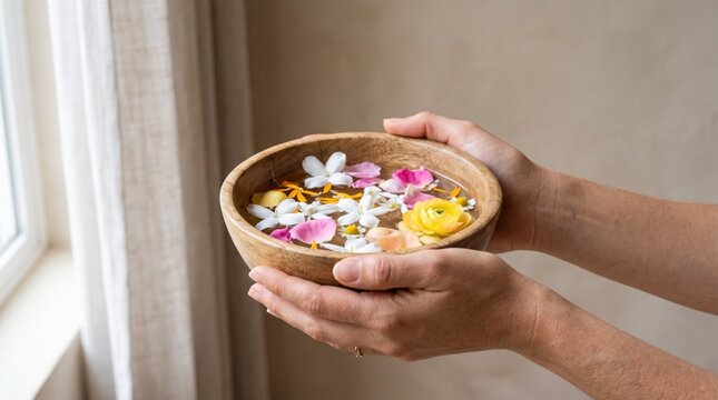 Hands holding a wooden bowl filled with water and floating colorful flower petals for spa treatment, aromatherapy, wellness ritual, or natural beauty care concept near window.