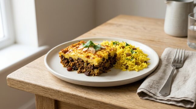 A slice of lasagna on a plate with a side of yellow rice on a wooden table with a white napkin and a glass of water.