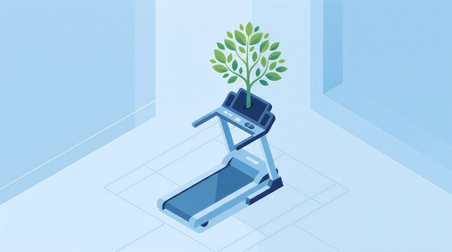 Treadmill with small tree growing from display screen fitness growth isometric illustration