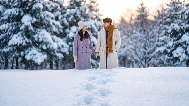 Korean couple hand in deep snow during a serene, late afternoon winter walk.
