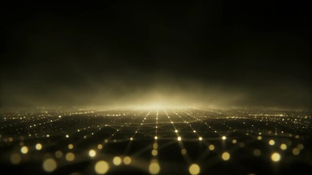 Abstract digital grid with glowing golden lights fading into darkness