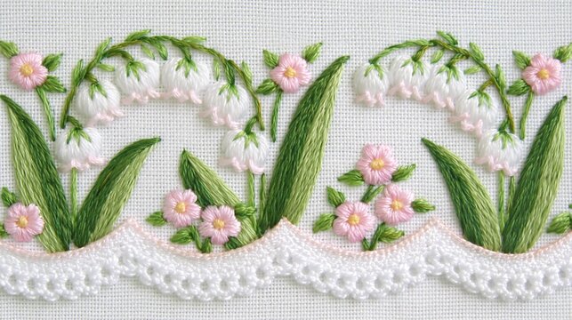 Beautiful handmade embroidery floral border with white lily of the valley and small pink flowers with green leaves on white fabric with delicate lace trim hand stitched needlework