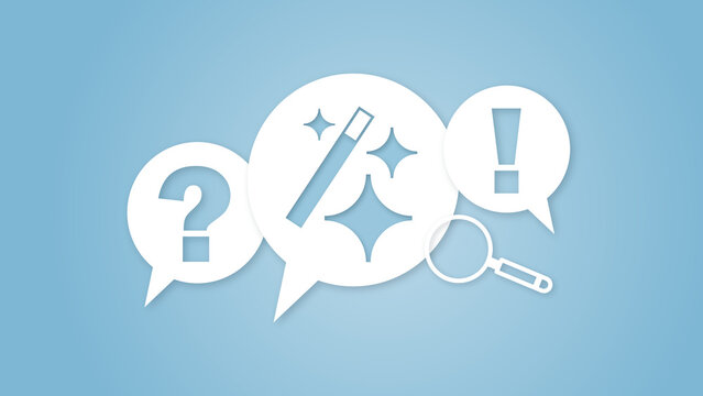 Digital assistance concept with magic wand, question mark, and exclamation in speech bubbles for creative problem solving, quick solutions, and customer support.
