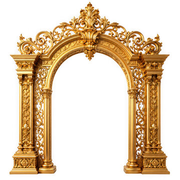 Ornate golden archway with intricate baroque carvings isolated on transparent background