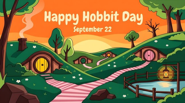 Whimsical hobbit village landscape, colorful illustration, fantasy homes, Happy Hobbit Day celebration