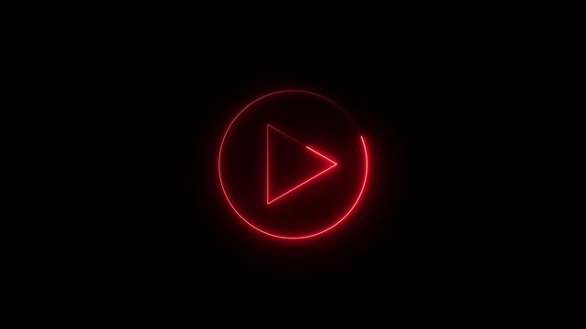 Neon glowing Play button animation on black background. Play button icon neon animation. Music play button icon animation.4k loop motion video.