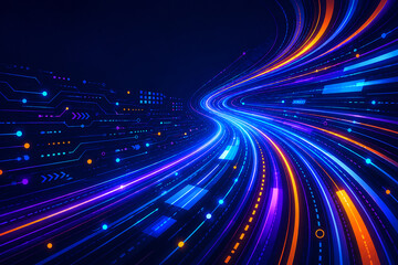 Fototapeta premium Blue and purple light trails forming a tunnel effect with motion blur and speed lines