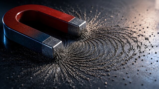 Magnetic field visualization with horseshoe magnet and attracted iron particles
