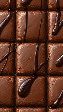 Seamless close-up pattern of square textured milk chocolate blocks with glossy dark liquid chocolate dripping and flowing down between squares sweet food