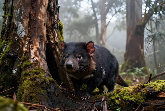 A realistic Tasmanian devil emerging from a moss-covered hollow log in the ancient rainforests of Tasmania, early morning mist drifting through towering eucalyptus trees, eye-level perspective