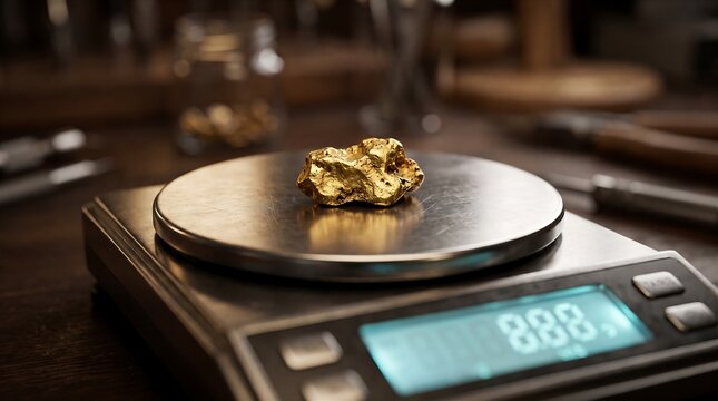 Close-Up of Raw Gold Nugget on Digital Weighing Scale