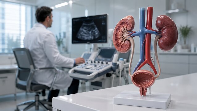 Medical specialist examining kidney and urinary system anatomy with diagnostic imaging