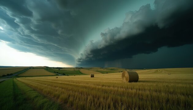 Dark storm clouds approach golden wheat field with hay bales. Dramatic weather looms over rural landscape with rain falling. Agriculture faces tempest.