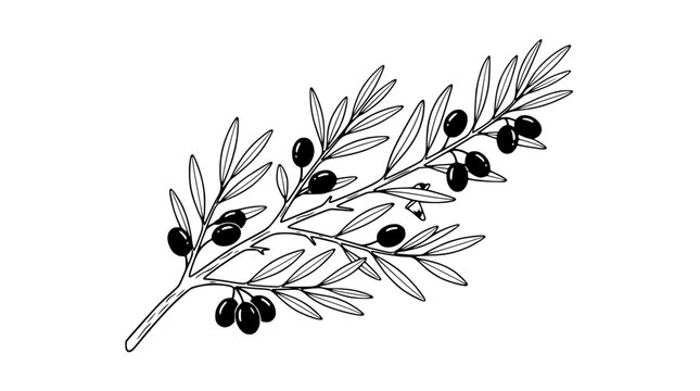 Hand-drawn olive branch with black olives and leaves, isolated on white background.
