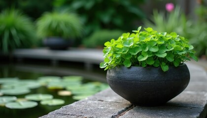 Fototapeta premium Green plant in black pot sits near stone edge of garden pond. Small bright leaves grow from dark container beside water surface with lily pads. Peaceful outdoor scene shows rich foliage in backyard
