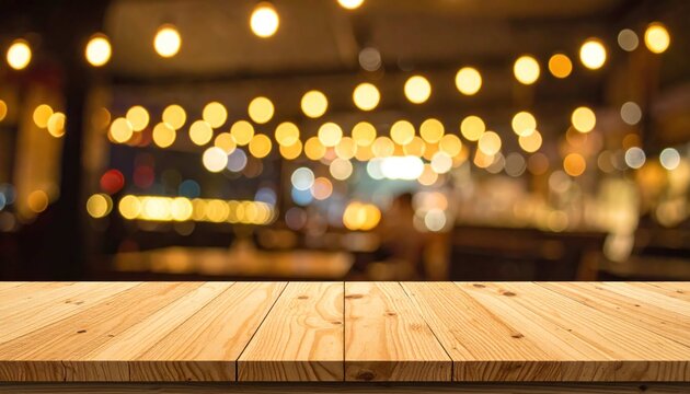 Empty wooden table top on blurred restaurant cafe background with warm bokeh lights for product display