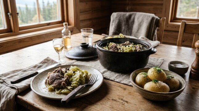 A rustic wooden table with a black cast-iron pot containing a stew, a plate of pasta, and a bowl of potatoes. The setting is in a cozy cabin with a wooden floor, windows, and a wooden chair. 