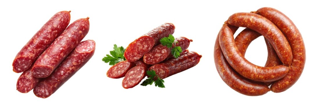 Smoked sausages salami wurst meat products set isolated on transparent background