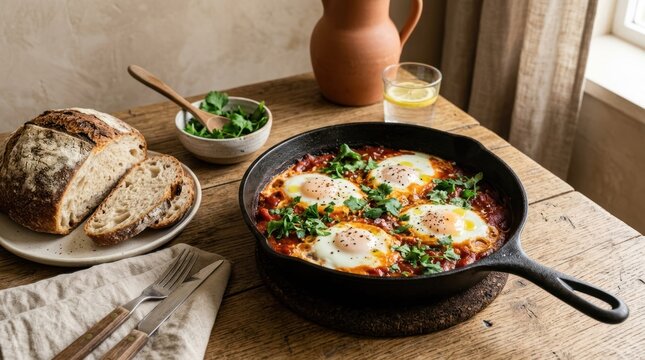A wooden table with a cast-iron skillet containing eggs and tomato sauce, a bowl of salad, a loaf of bread, and a glass of wine.