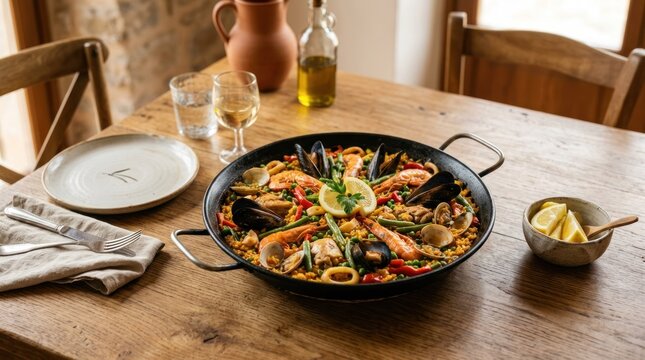 A wooden dining table with a black paella pan filled with seafood and rice, accompanied by a white plate, a glass of water, a bottle of olive oil, and a bowl of lemons.