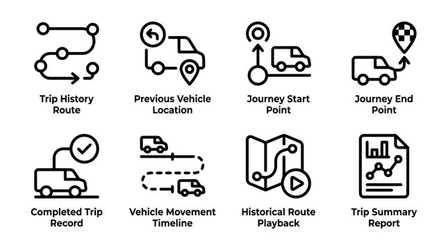 Logistics icons set showing fleet tracking vehicle routes history and shipment management data for professional corporate business website interface design
