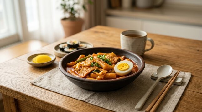 A wooden table with a bowl of kimchi and a cup of tea, with a bowl of sushi and a bowl of noodles in the background.