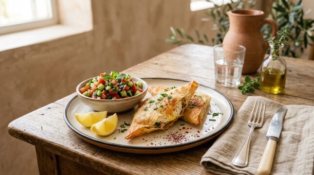 A rustic wooden table with a plate of spanakopita, a bowl of salad, and a pitcher of olive oil on a wooden table with a window in the background.