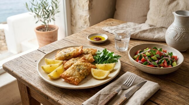 A rustic wooden table with a plate of fried fish, a bowl of salad, and a glass of water on it.
