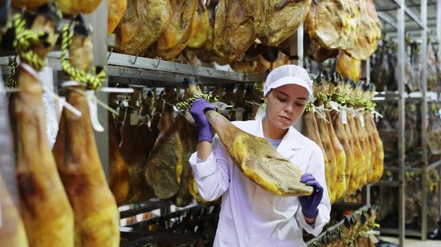 Woman employee checks jamon. Quality control, troubleshooting, search and elimination of violations. Meat processing plant. Hanging meat in production hall. 